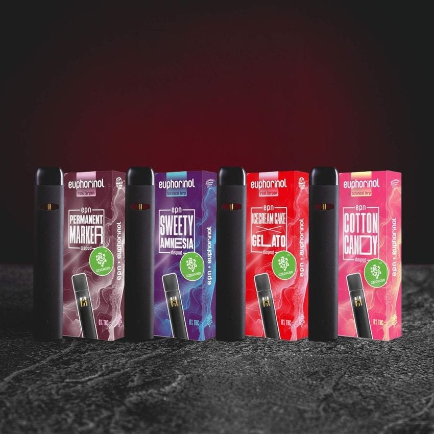 EPN Dispod 0,5 ml készlet az összes változattal: Permanent Marker, Ice Cream Cake Gelato, Cotton Candy és Sweety Amnesia, félszintetikus EPN kannabinoid az USA-ból, eufórikus és élénkítő profilok, a Kratom World teljes kínálata