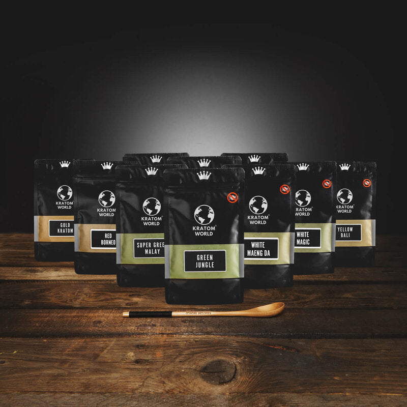 Kratom World Starter Pack mintacsomag zöld piros arany fehér Kratom por kanállal 10 x 100 g